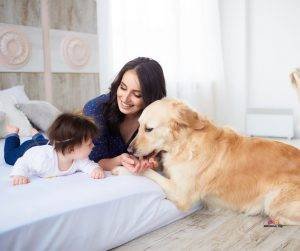 Featured image of mother and baby on bed with dog